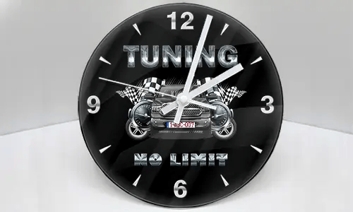 Wall clock with stylized car, checkered flags, and metallic TUNING NO LIMIT text on black background