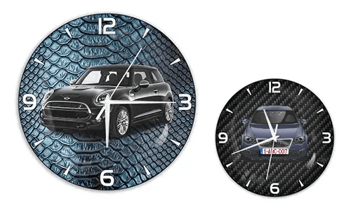 Two wall clocks with car illustrations: left with black car on blue reptile texture, right with blue car on carbon background