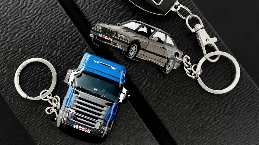 Bil- og lastebilnøkkelringer vist som tilpassbare kjøretøytilbehør