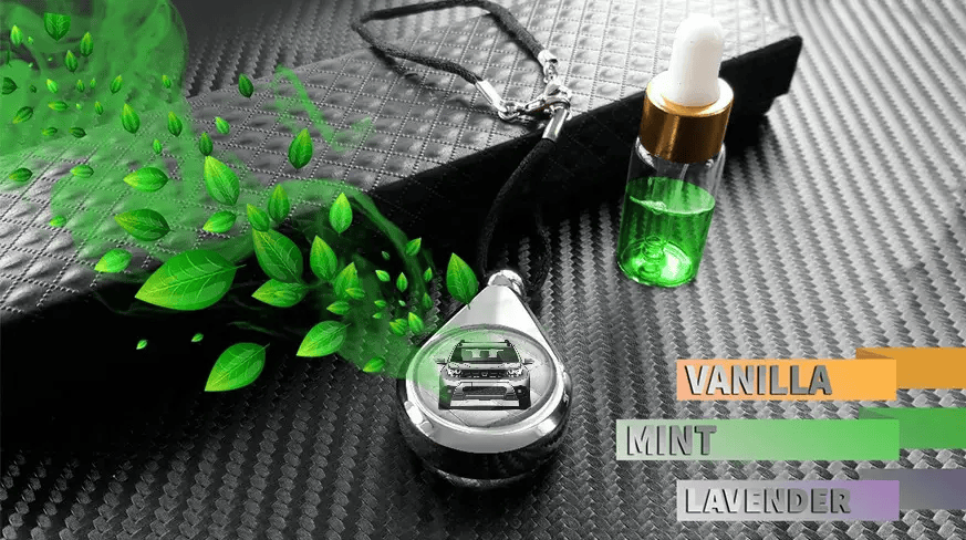 Auto-Parfümanhänger, der Duft verströmt, neben Nachfüllfläschchen, die verfügbare Aromen wie Vanille, Minze und Lavendel zeigen