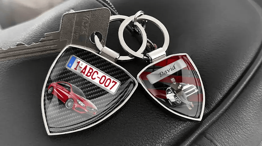 Custom shield photo keychains with personalized car photos