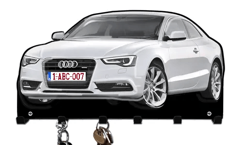 Wandmontierter Schlüsselhalter in Form eines weißen Audi mit Haken zur Schlüsselorganisation